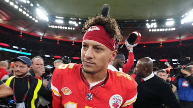 Nov 5, 2023; Frankfurt, Germany; Kansas City Chiefs quarterback Patrick Mahomes (15) leaves the field after an NFL International Series game against the Miami Dolphins at Deutsche Bank Park. Mandatory Credit: Kirby Lee-USA TODAY Sports